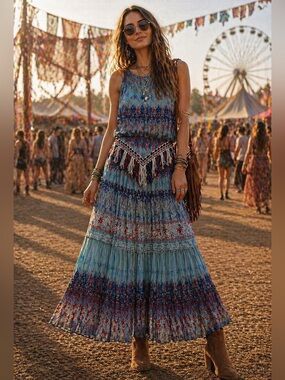 Vintage Carole Little Sport Boho 2 pc skirt top western festival sz 6 Small